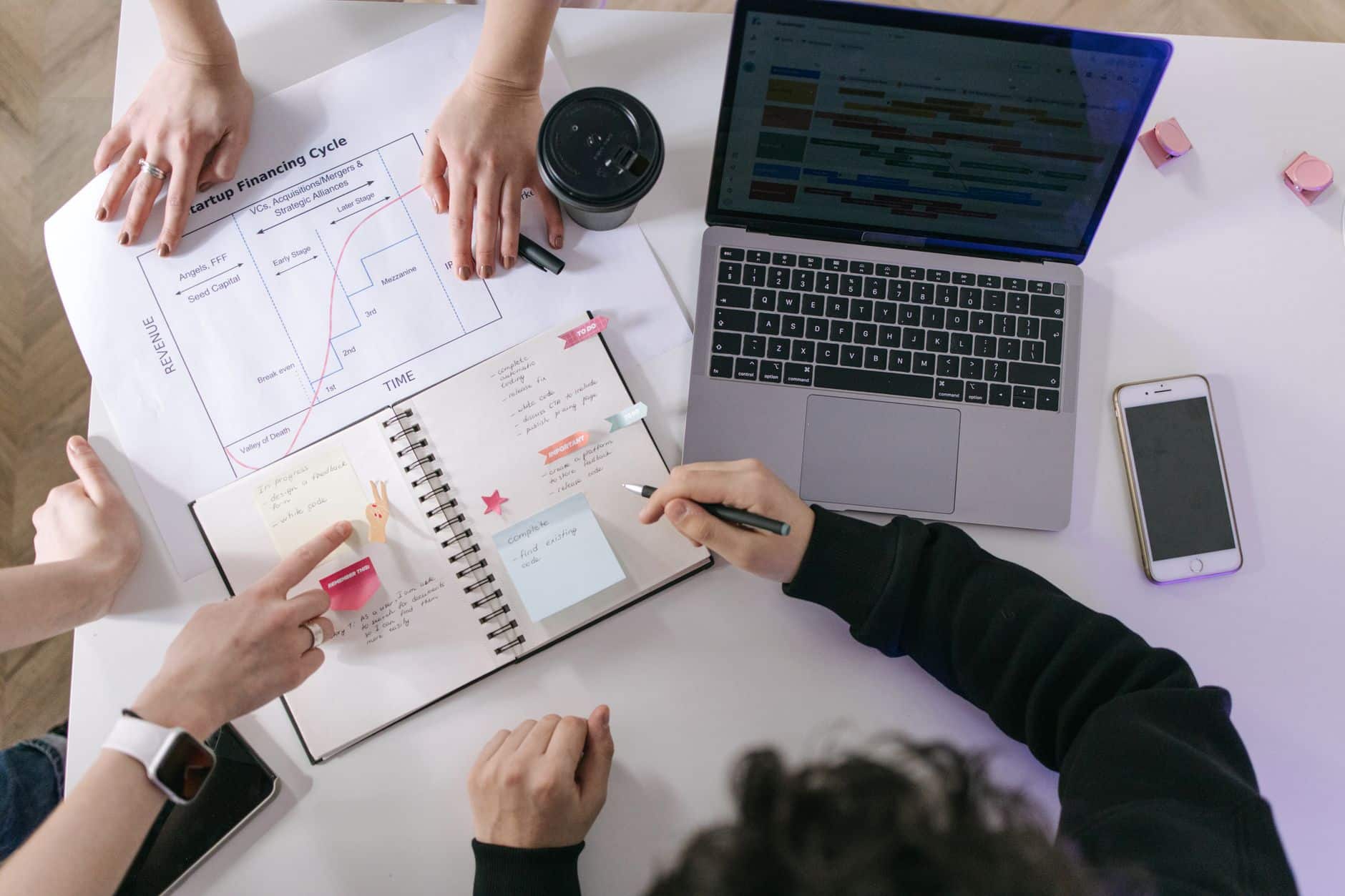 Équipe qui collabore autour d'ordinateurs portables et de notes de planification